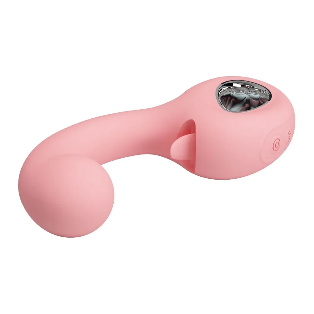 Vibromasseur rose en silicone avec tête arrondie percée d'une ouverture et langue vibrante, tige incurvée bulbeuse, sur fond blanc
