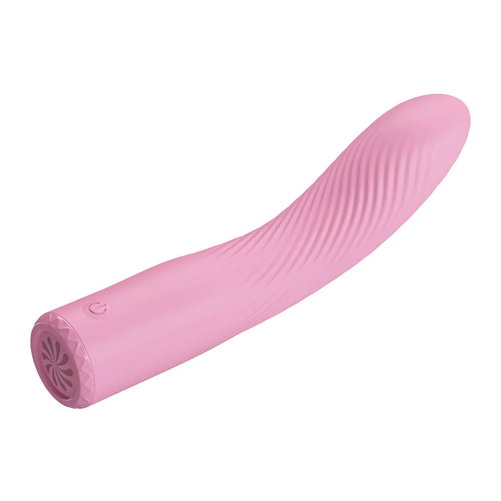 Vibromasseur point G en silicone rose avec tige ornée de motifs en spirale et embout arrondi, contrôles au bas du corps