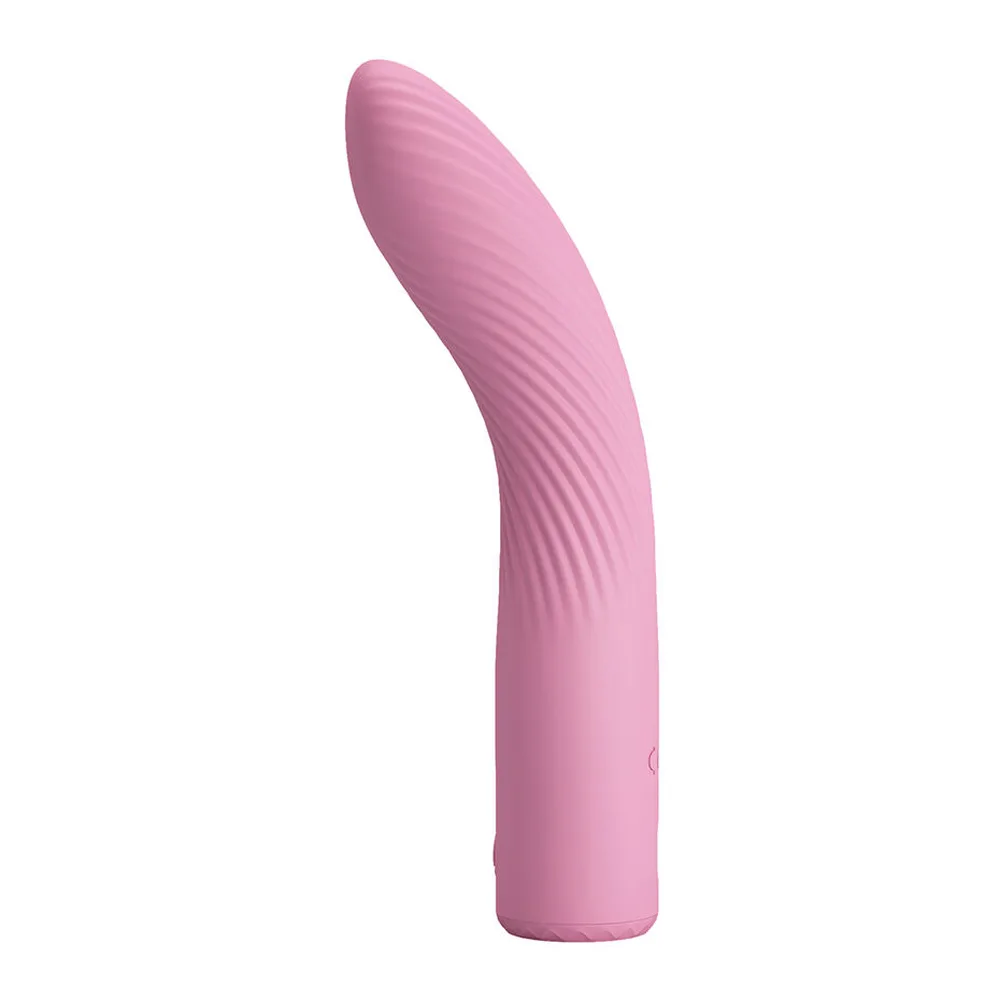 Vibromasseur point G en silicone rose avec tige ornée de motifs en spirale et embout arrondi, contrôles au bas du corps