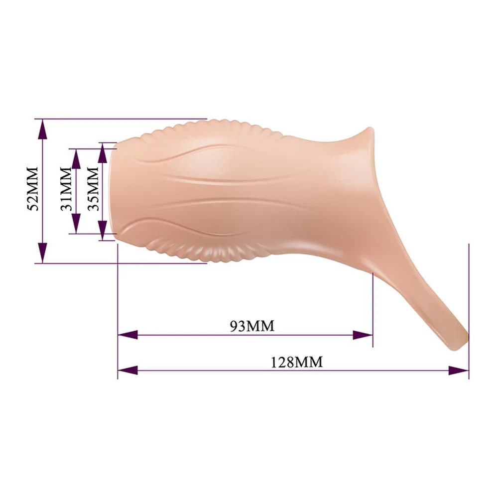Gaine épaississante en silicone beige clair avec détails nervurés internes visibles, poignée d'insertion en anneau, forme ergonomique