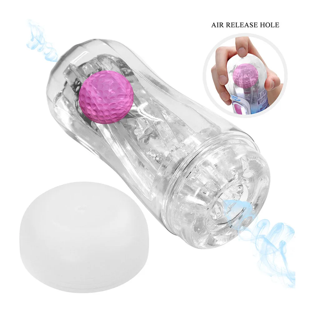 Masturbateur transparent en coque claire avec boule texturée rose à facettes à l'intérieur, base blanche, vue de face sur fond blanc