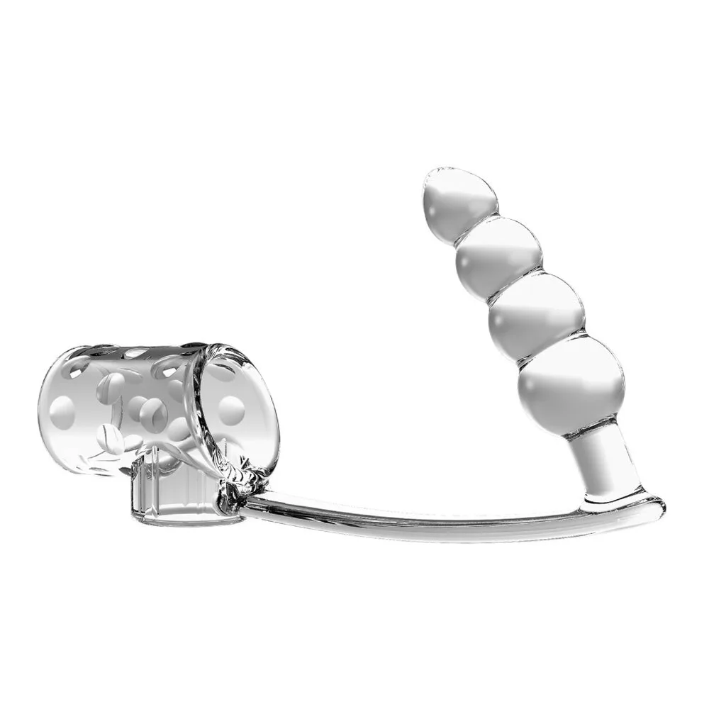 Manchon pénien en silicone transparent avec plug anal prolongé d'une tige à renflements sphériques, bloc de base unique, fond blanc