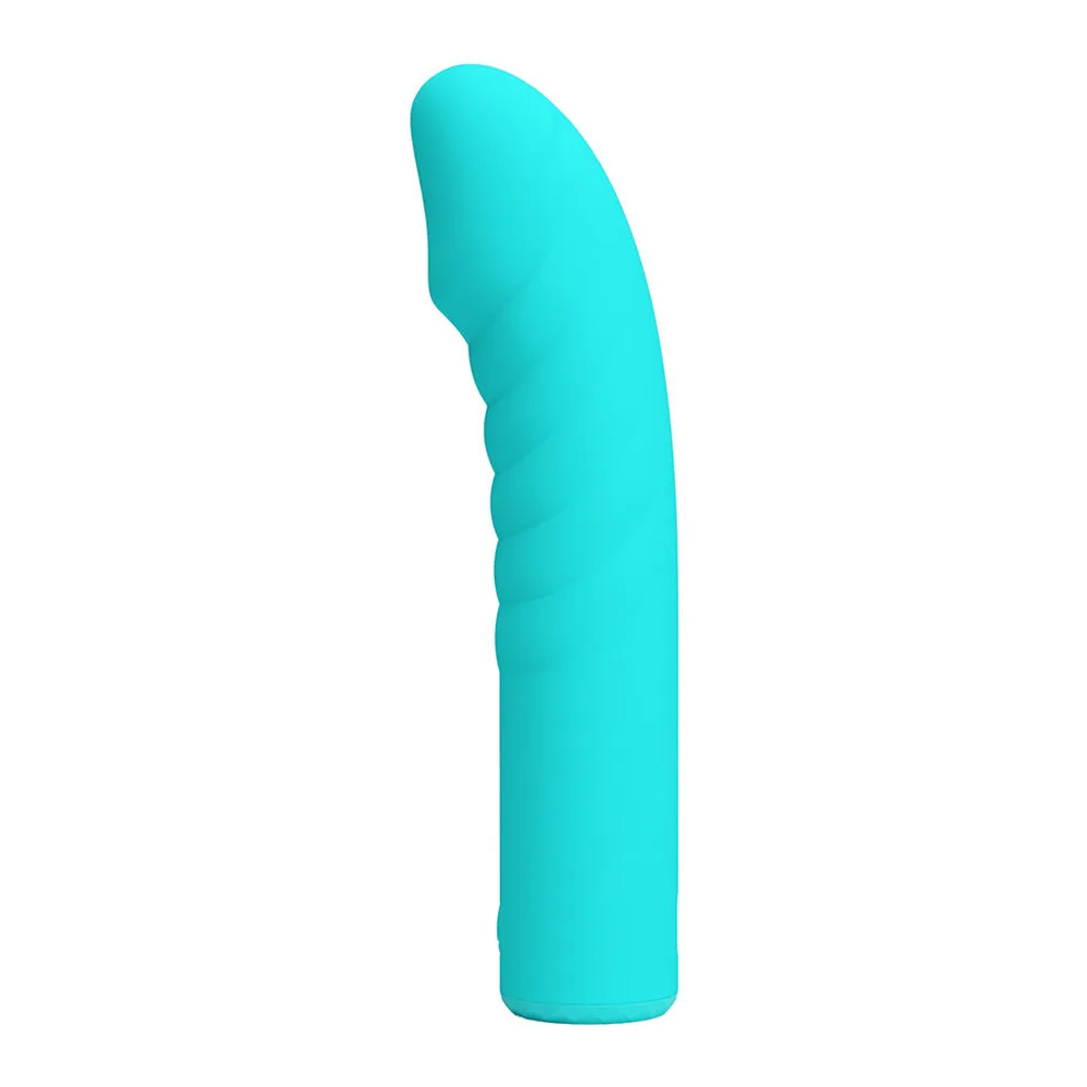Vibromasseur point G en silicone turquoise avec tige longue incurvée et rainures transversales, tête arrondie, sur fond blanc