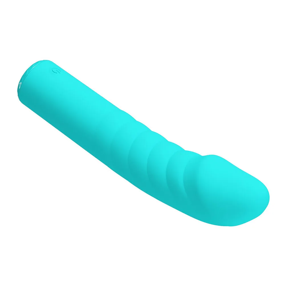Vibromasseur point G en silicone turquoise avec tige longue incurvée et rainures transversales, tête arrondie, sur fond blanc
