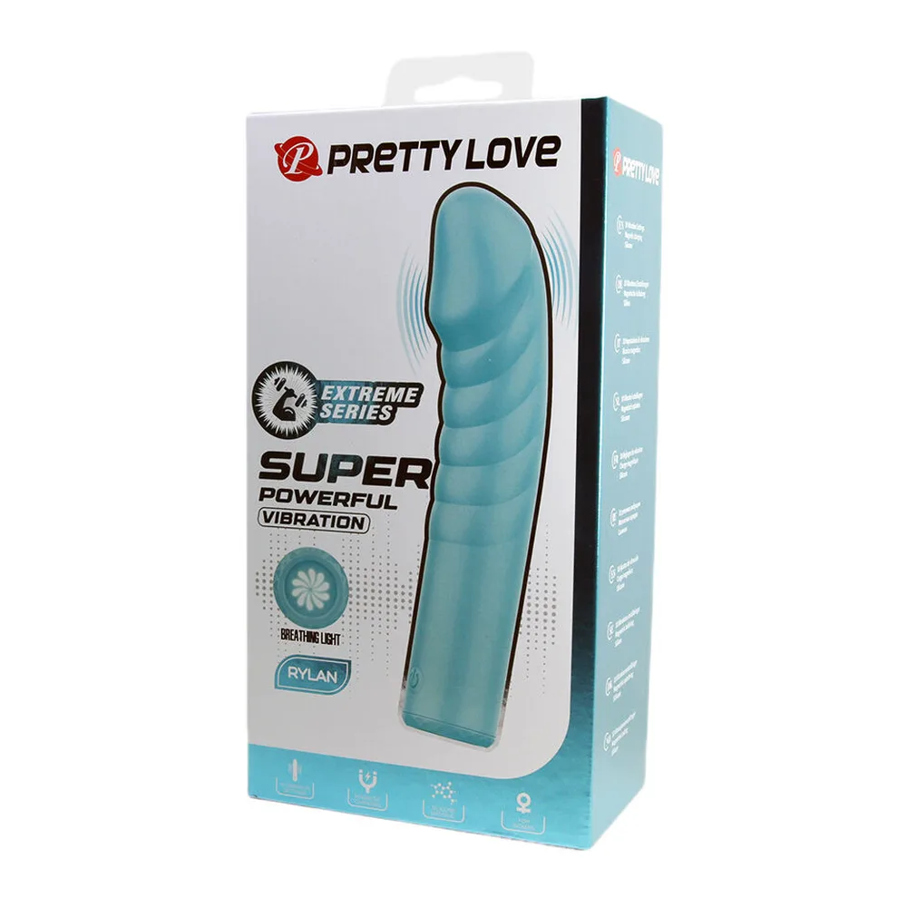 Vibromasseur point G en silicone turquoise avec tige longue incurvée et rainures transversales, tête arrondie, sur fond blanc