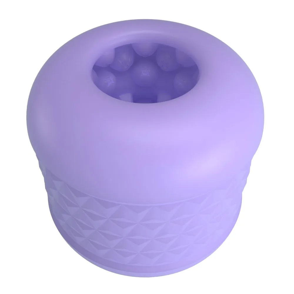 Masturbateur en TPE violet clair avec surface texturée de palpeurs, ouverture visible sur le côté, accompagné d'un badge informatif sur fond blanc