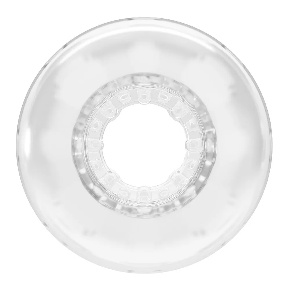 Masturbateur transparent en gel de silicone, ouvert des deux côtés, avec texture interne en relief visible à travers les parois translucides, sur fond blanc