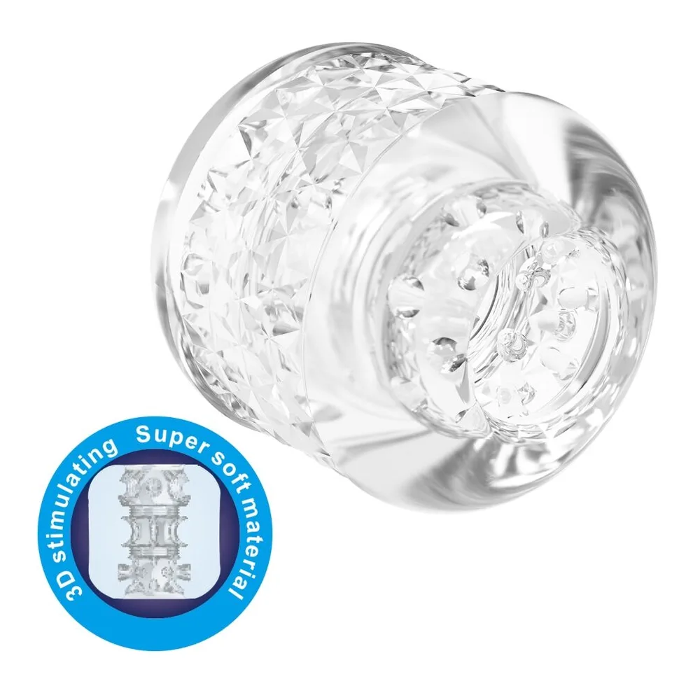 Masturbateur transparent en gel de silicone, ouvert des deux côtés, avec texture interne en relief visible à travers les parois translucides, sur fond blanc