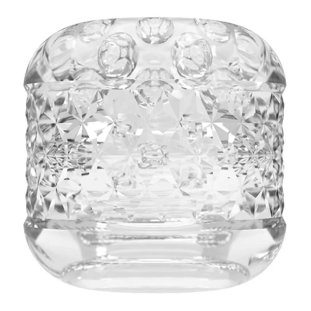 Masturbateur transparent en gel avec deux entrées ondulées, tenu dans deux mains, sur fond blanc