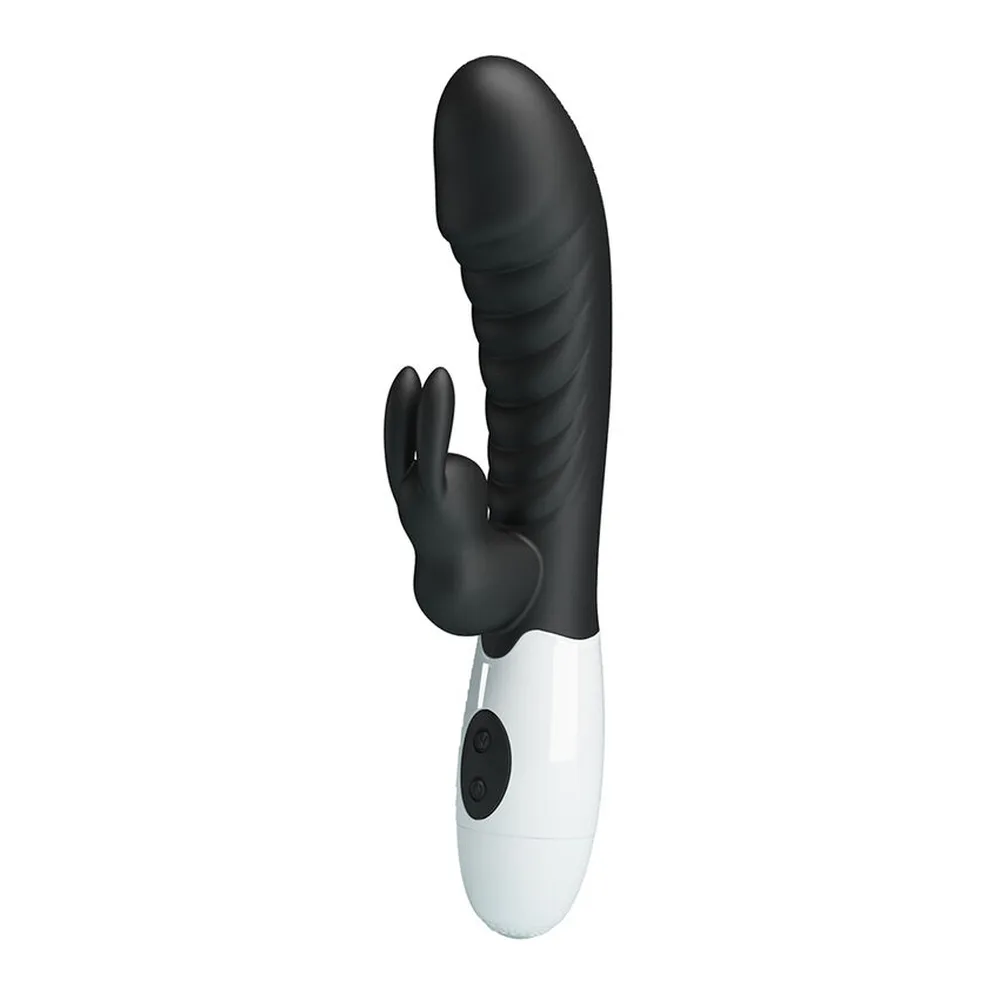 Vibromasseur rabbit noir et blanc en silicone avec bras articulé, stimulateur clitoridien en forme de lapin, boîtier de commande blanc