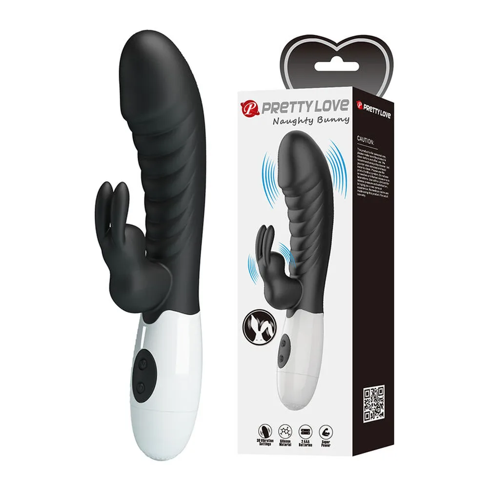 Vibromasseur rabbit noir et blanc en silicone avec bras articulé, stimulateur clitoridien en forme de lapin, boîtier de commande blanc