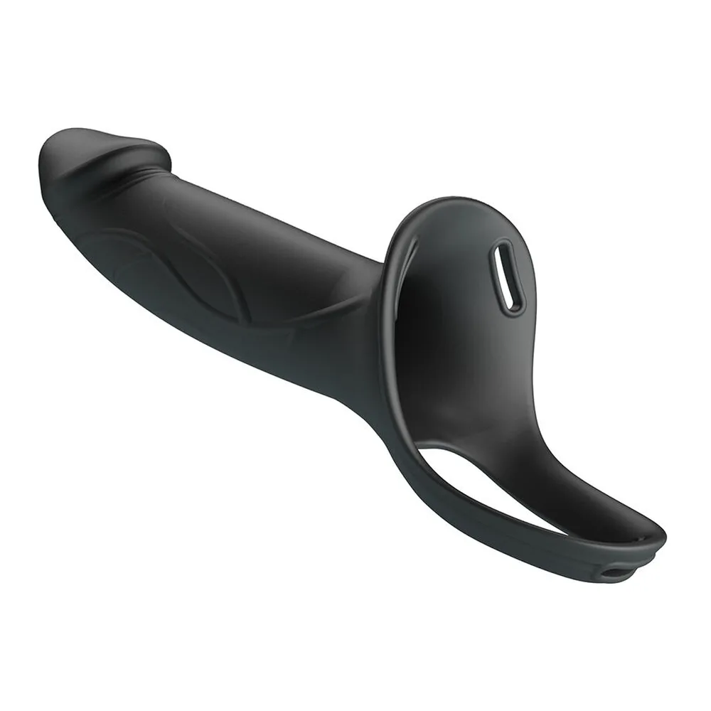 Gode-ceinture noir en silicone avec anneau de maintien ergonomique et insert creux, sur fond blanc