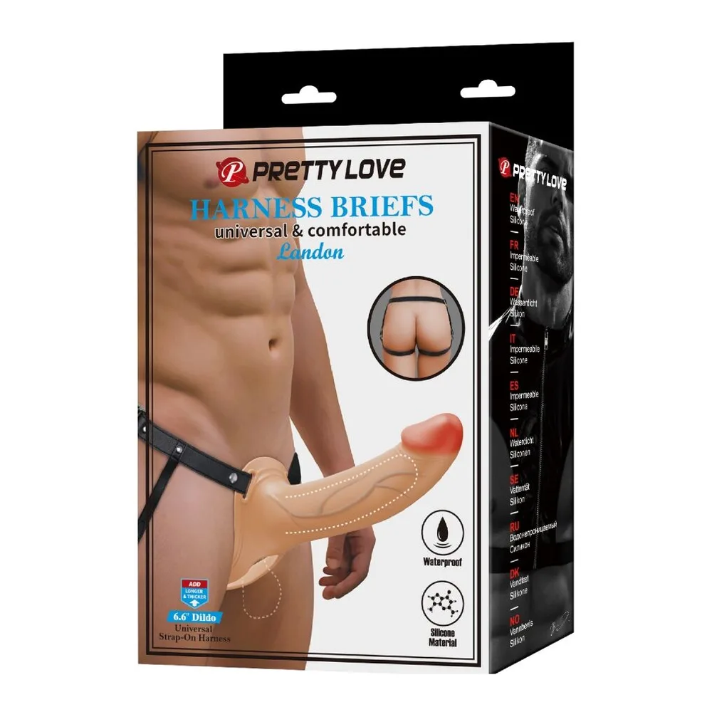 Gode-ceinture noir en silicone avec anneau de maintien ergonomique et insert creux, sur fond blanc