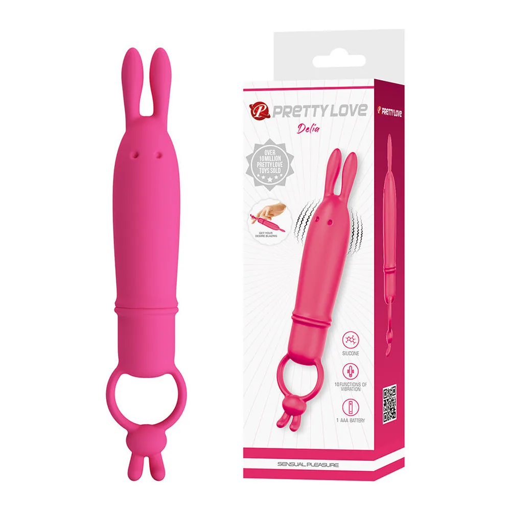 Vibromasseur rose avec deux oreilles de lapin à l'extrémité supérieure, corps allongé et anneau de retenue avec petites oreilles à la base, sur fond blanc