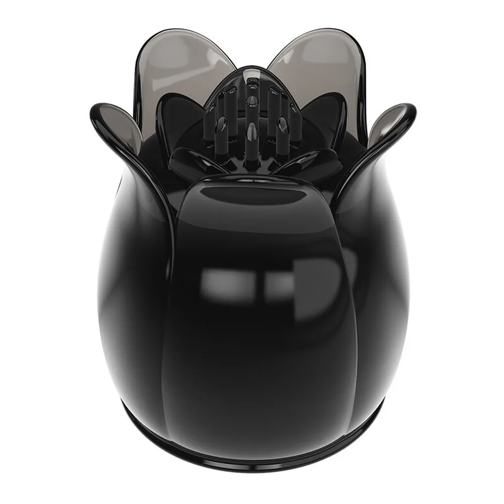 Tête de stimulateur clitoridien en silicone noir brillant, de forme arrondie avec pétales relevés, embout compatible avec wand vibrant, vue de face sur fond neutre