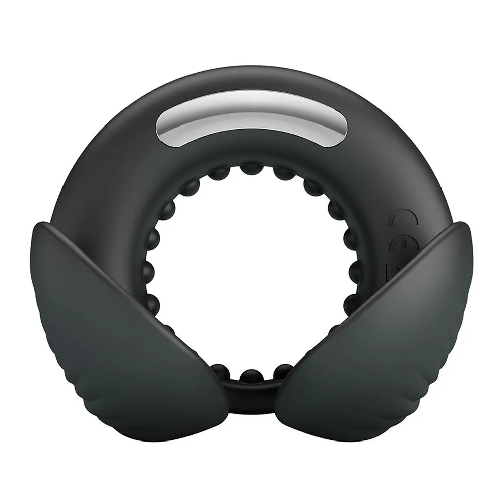Cockring noir en silicone, forme ergonomique avec zones nervurées, deux anneaux concentriques, boutons de contrôle en haut, fond blanc