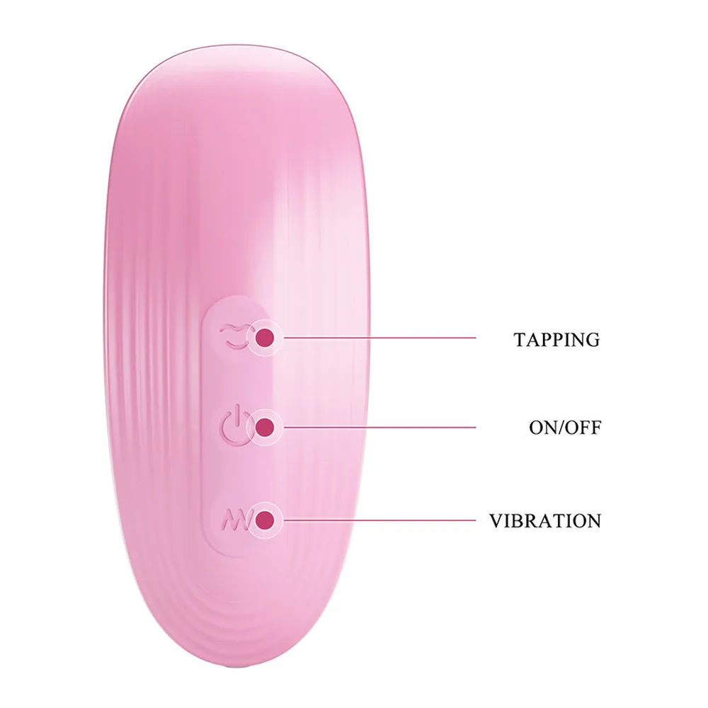 Pince à seins rose avec trois boutons de contrôle étiquetés tapping, on/off et vibration, schéma fonctionnel sur fond blanc