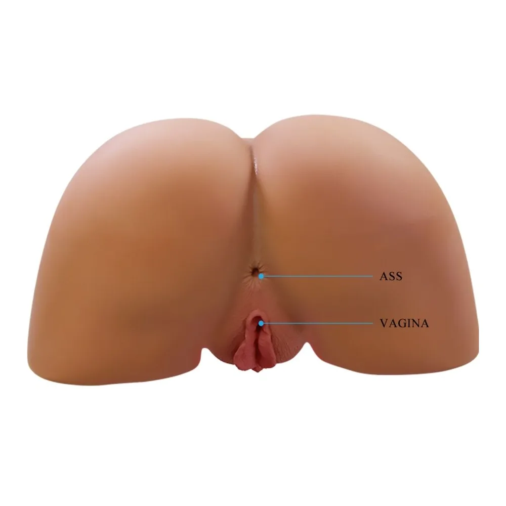 Jouet intime en TPE chair représentant un bassin féminin avec deux ouvertures distinctes, sur fond blanc, avec annotations pointant les zones fonctionnelles