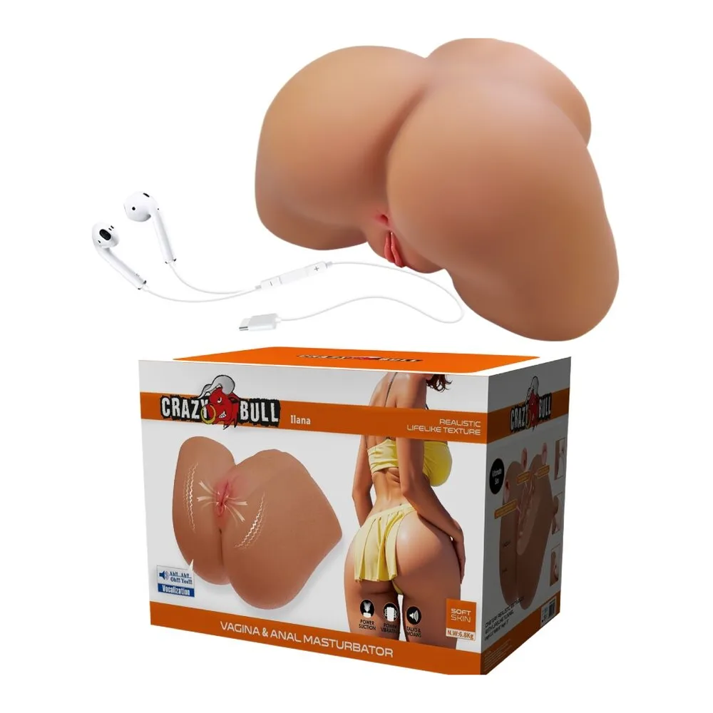 Jouet intime en TPE chair représentant un bassin féminin avec deux ouvertures distinctes, sur fond blanc, avec annotations pointant les zones fonctionnelles