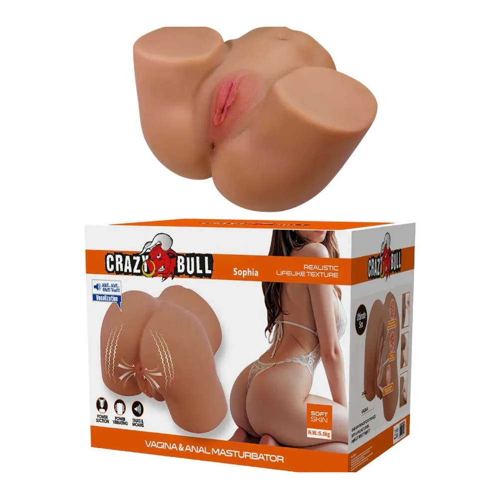 Masturbateur en silicone couleur chair avec détails anatomiques réalistes, présenté en haut avec son emballage Crazy Bull Sophia en dessous montrant le produit et ses caractéristiques techniques