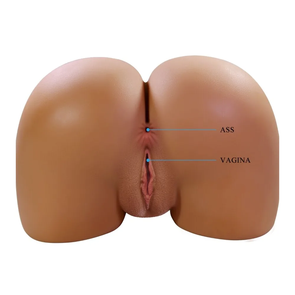 Masturbateur en silicone de couleur chair en forme de bassin féminin, avec schéma anatomique pointant les zones anale et vaginale