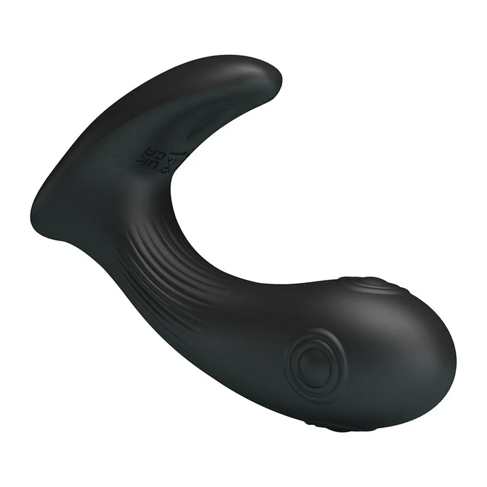 Stimulateur de prostate noir en silicone, forme courbée avec extrémité arrondie, présentant des zones texturées et deux zones circulaires sur le corps, sur fond blanc