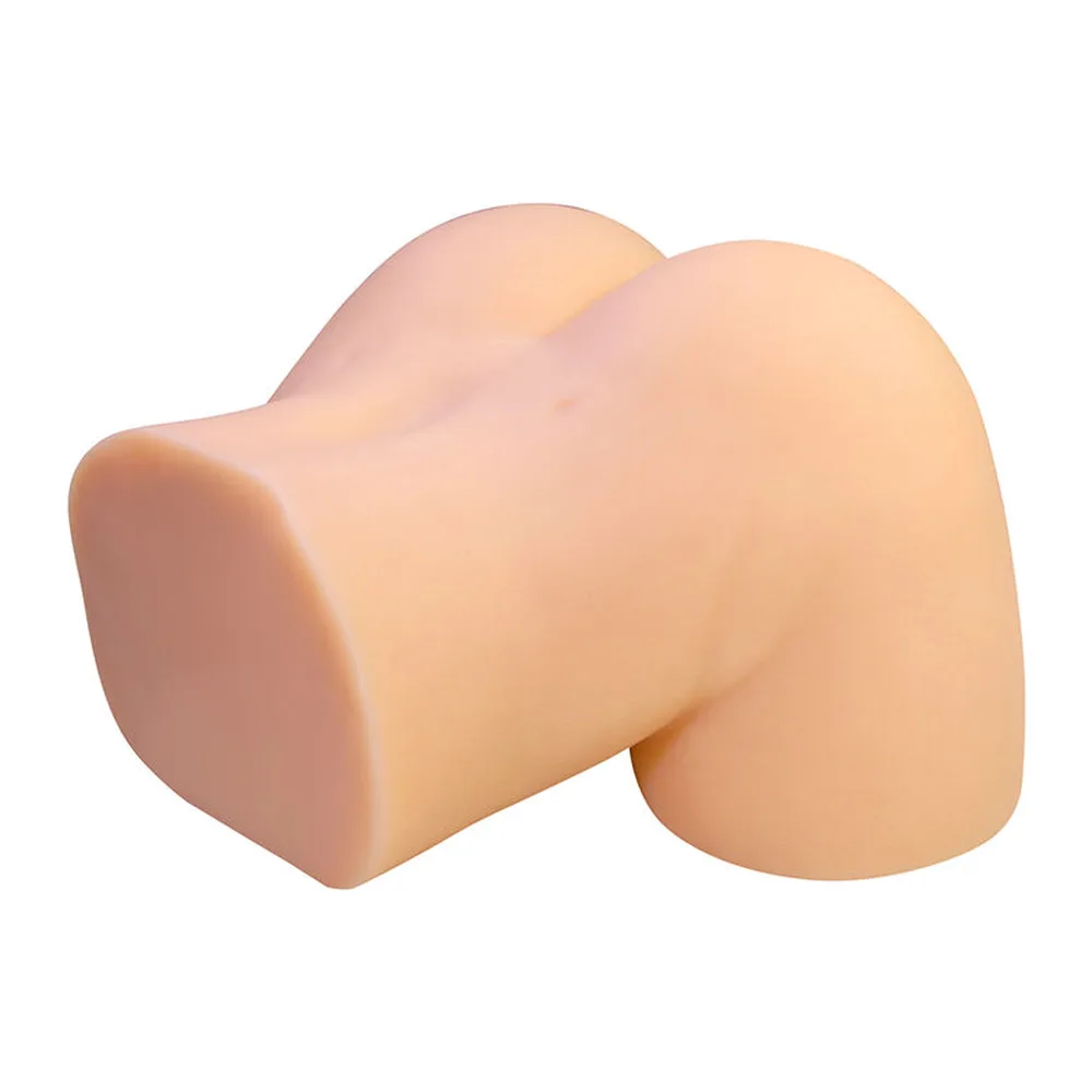 Masturbateur en silicone couleur chair représentant un bas de corps entier avec ouvertures vaginale et anale, schéma d'identification annoté sur fond blanc