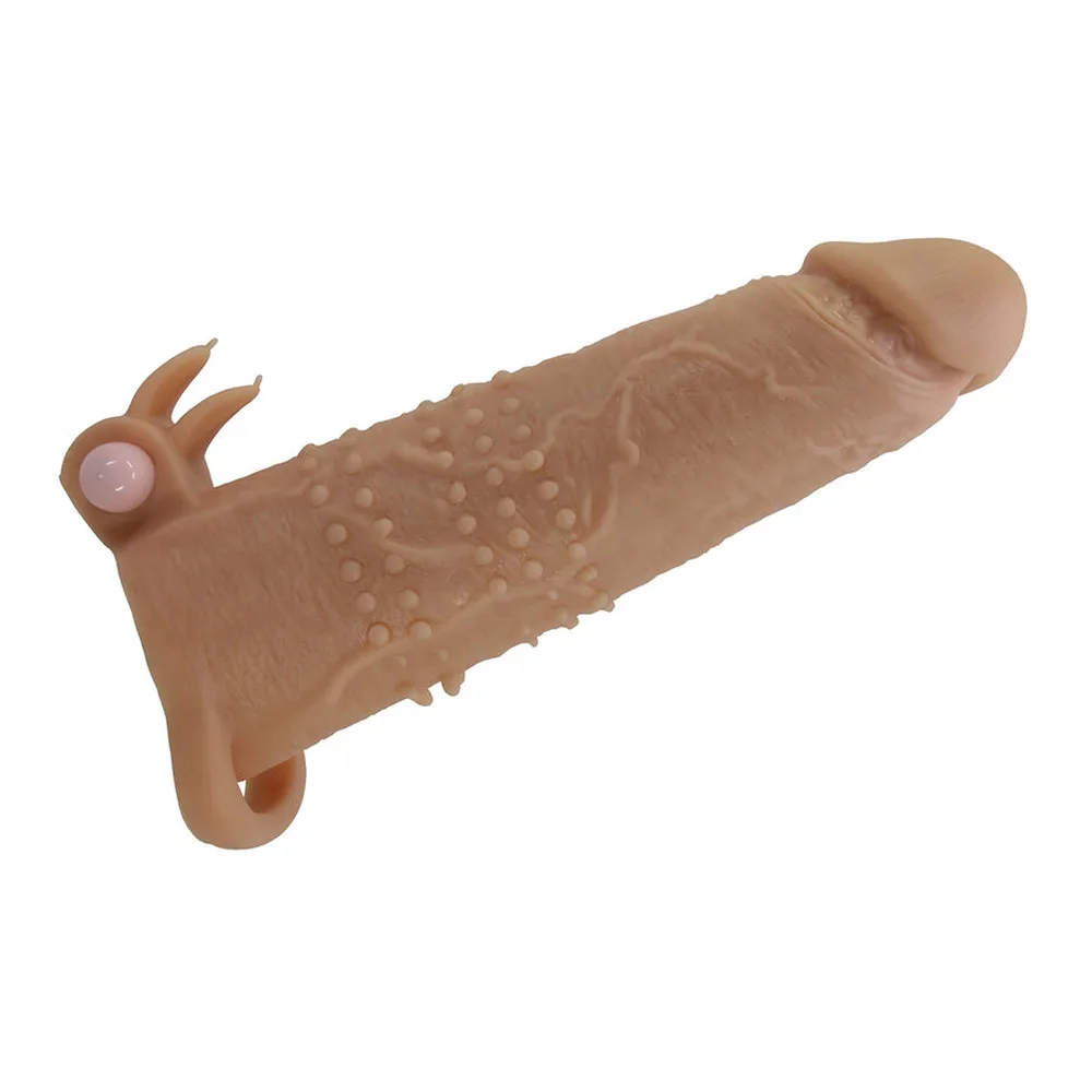 Manchon pénis beige clair en silicone avec picots texturés sur toute la longueur, appendices latéraux et bille rose en base, présenté avec son emballage boîte Pretty Love Quillon indiquant 7,9 pouces de longueur et vibration
