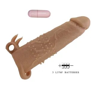 Manchon pénis silicone beige texturé picots 20 cm vibrant, autre vue 4