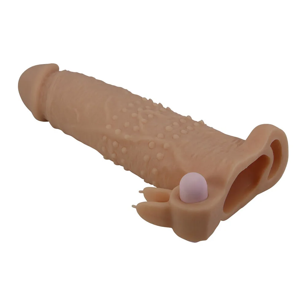 Manchon pénis silicone beige texturé picots 20 cm vibrant, autre vue 6