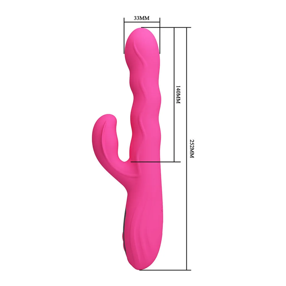 Schéma de dimensions d'un vibromasseur rabbit rose bonbon avec branche de stimulation, affichant 33 mm de largeur, 140 mm et 232 mm de hauteur