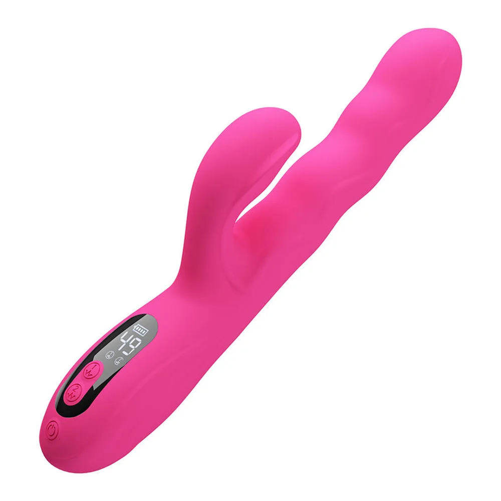 Schéma de dimensions d'un vibromasseur rabbit rose bonbon avec branche de stimulation, affichant 33 mm de largeur, 140 mm et 232 mm de hauteur