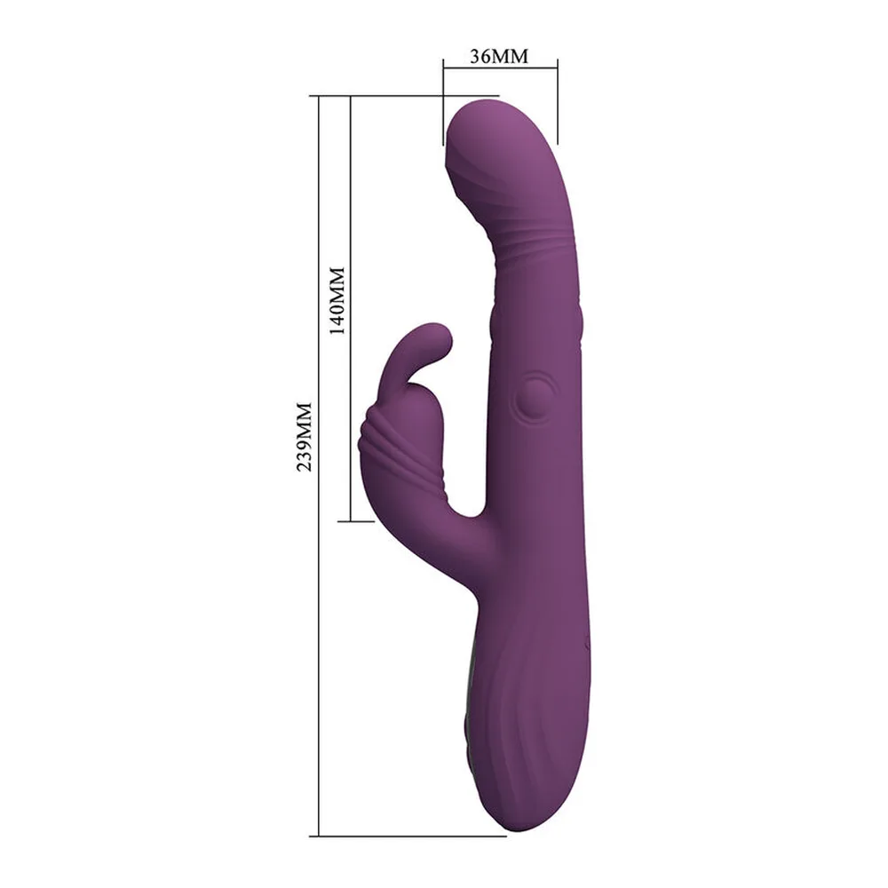 Schéma de dimensions d'un vibromasseur rabbit en silicone violet, montrant 239 mm de longueur totale et 36 mm de largeur maximale