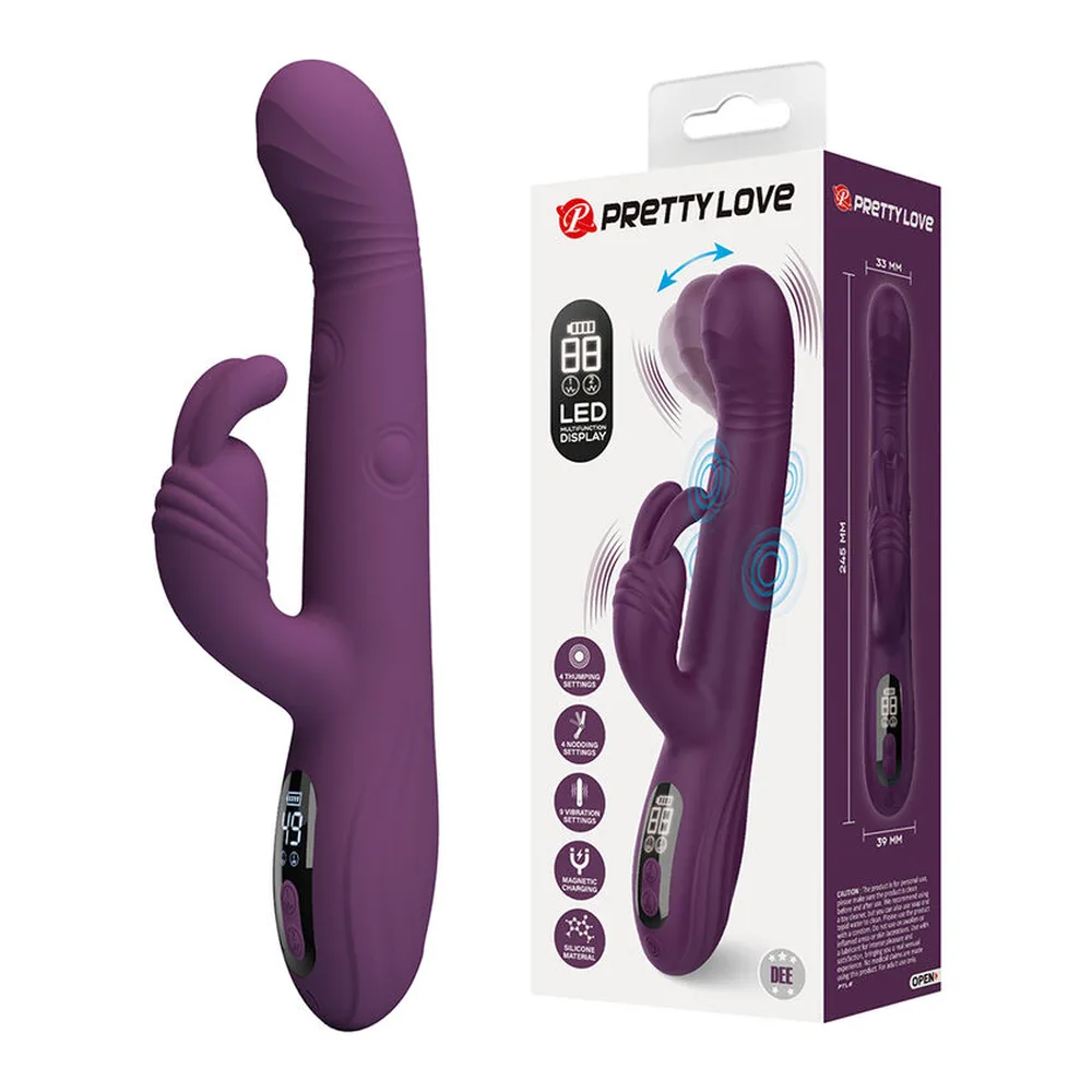 Schéma de dimensions d'un vibromasseur rabbit en silicone violet, montrant 239 mm de longueur totale et 36 mm de largeur maximale