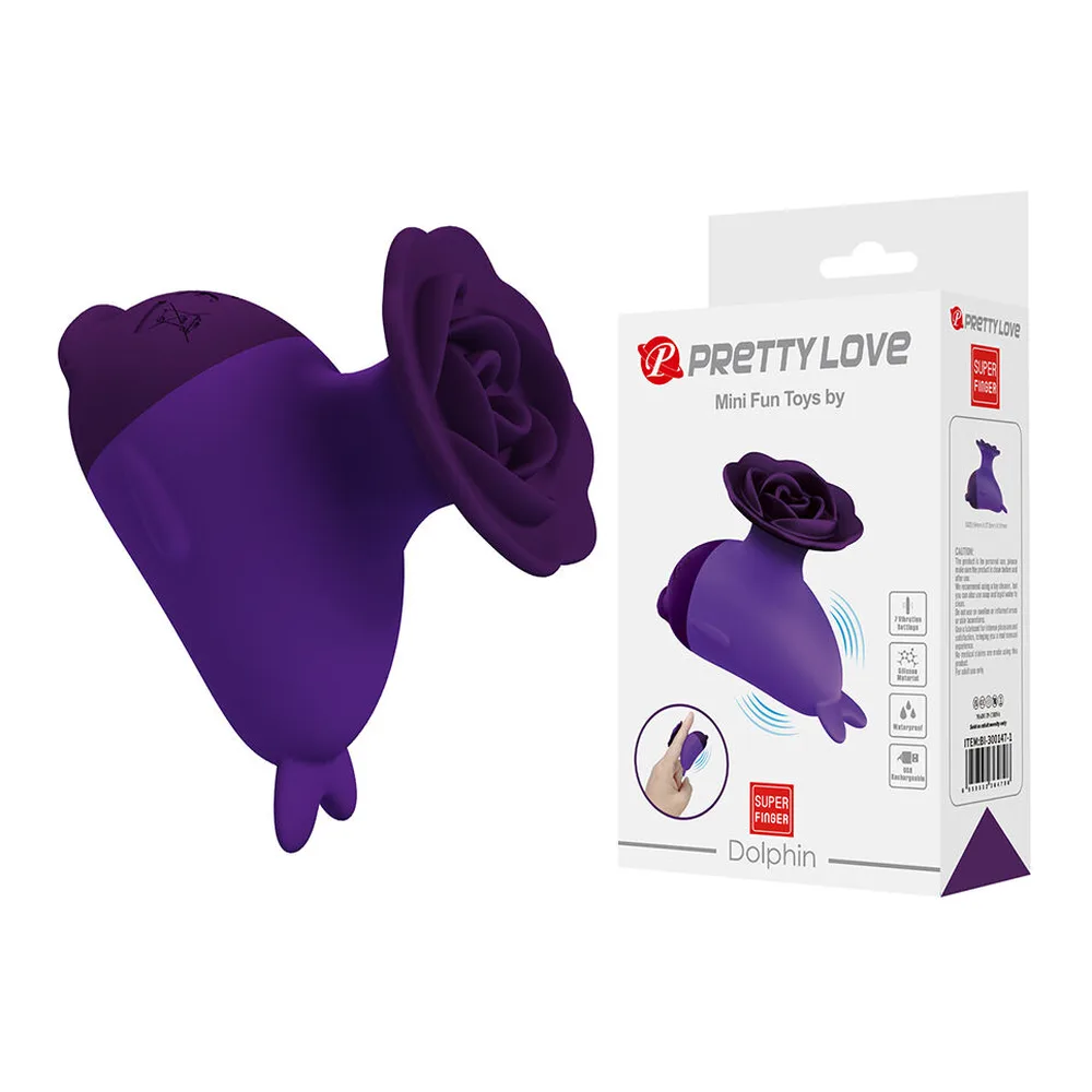 Mini-vibrateur en silicone violet avec tête de dauphin stylisée d'un côté et rose sculptée en relief de l'autre, sur fond blanc
