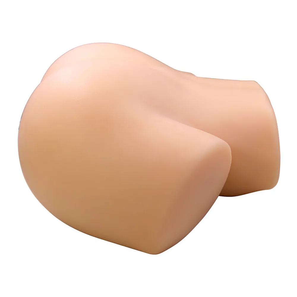Masturbateur de teinte chair, de forme ergonomique avec deux cavités distinctes, contours arrondis, surface mate sur fond blanc