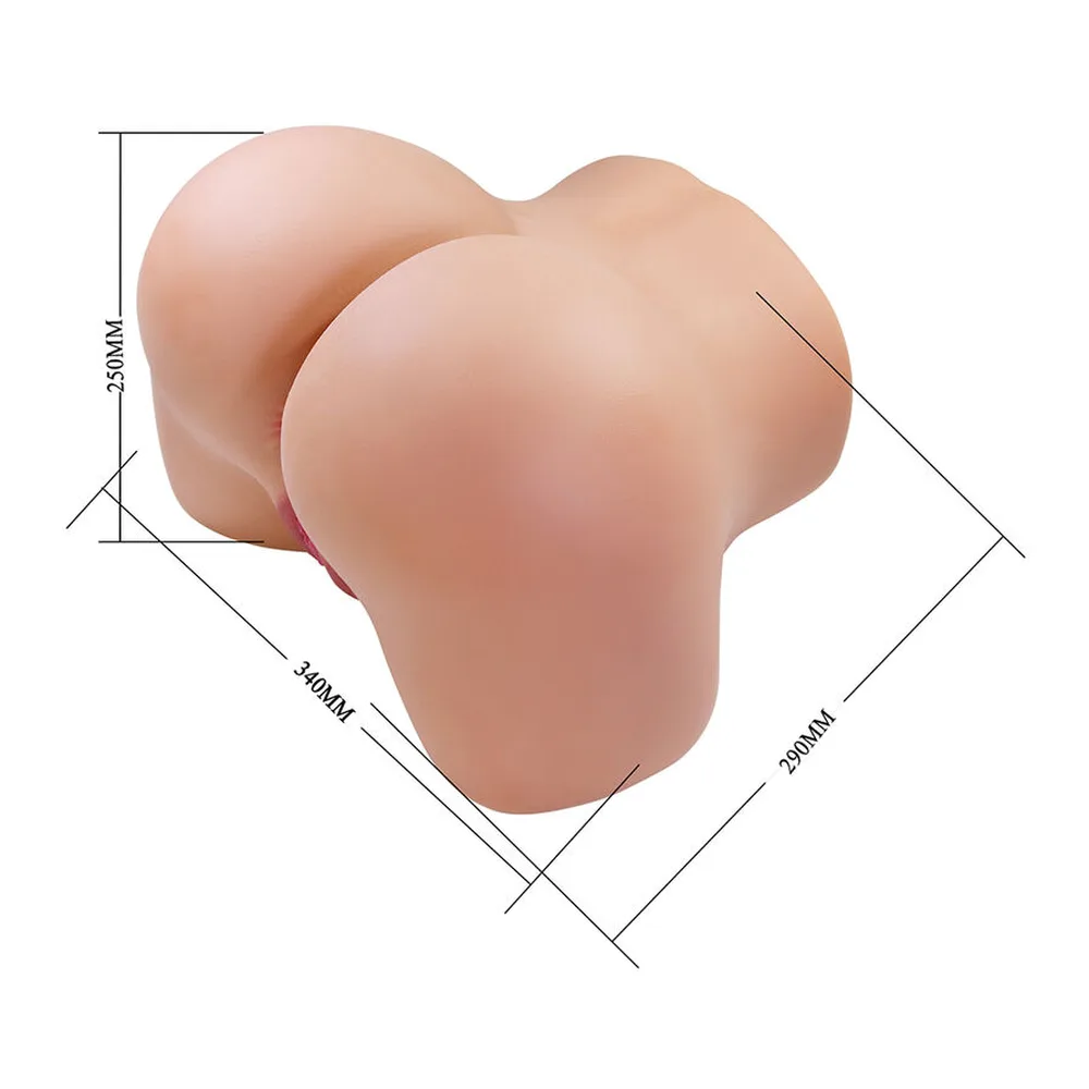 Schéma de dimensions d'un masturbateur en silicone couleur chair avec deux formes arrondies, montrant les mesures 23 cm de hauteur, 34 cm et 28 cm de largeur