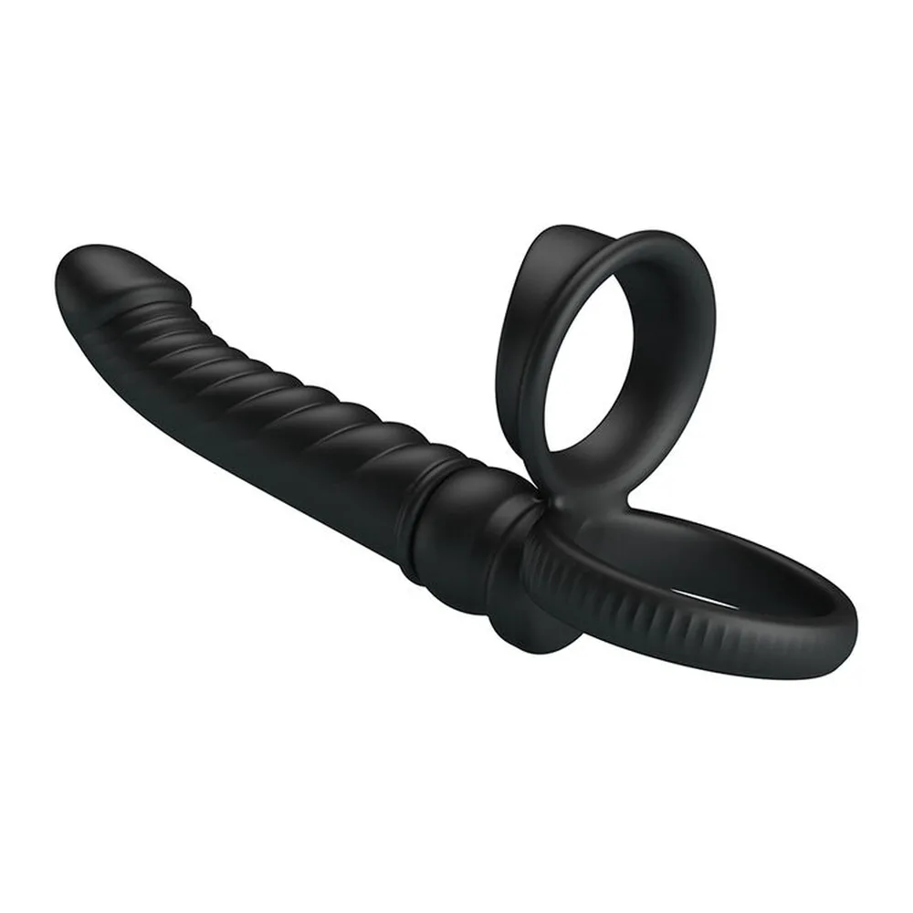 Vibrateur anal noir en silicone avec tige nervurée et double anneau, sur fond blanc