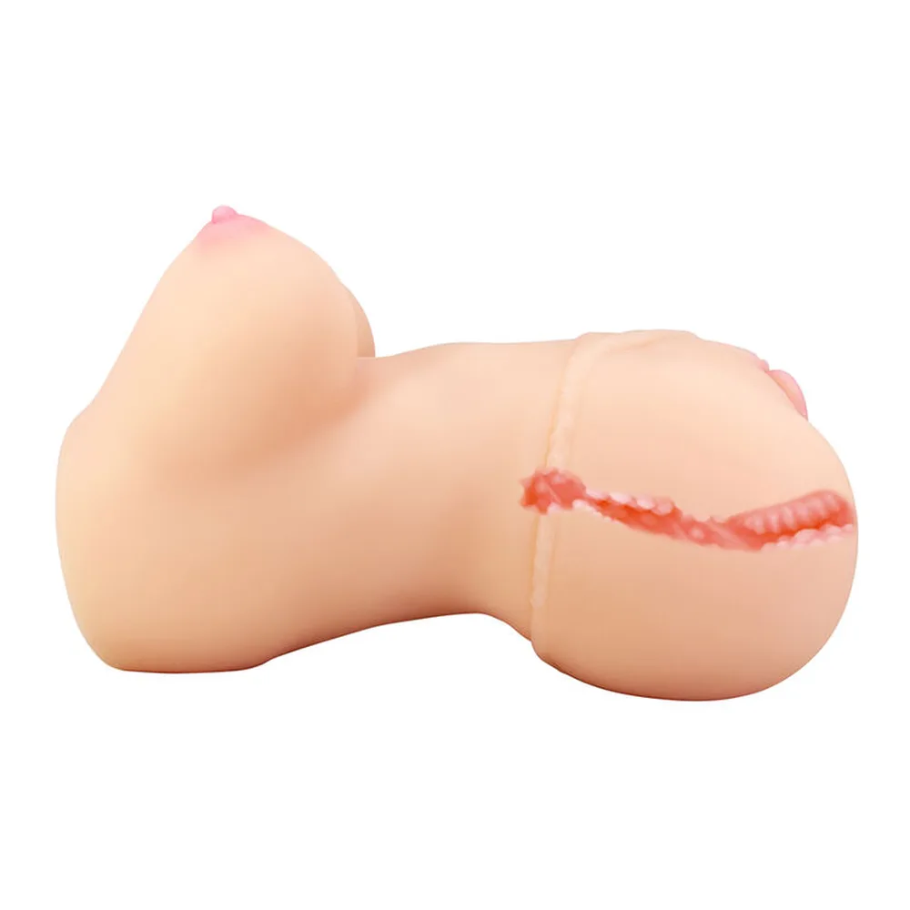 Masturbateur réaliste en silicone chair avec formes de poitrine et vulve texturée, fond blanc