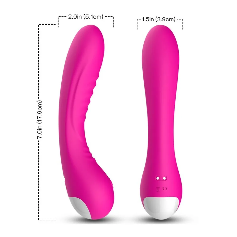 Schéma de dimensions du vibromasseur Legend en silicone rose fuchsia, montrant la vue courbe et la vue droite avec mesures annotées, embout blanc à la base