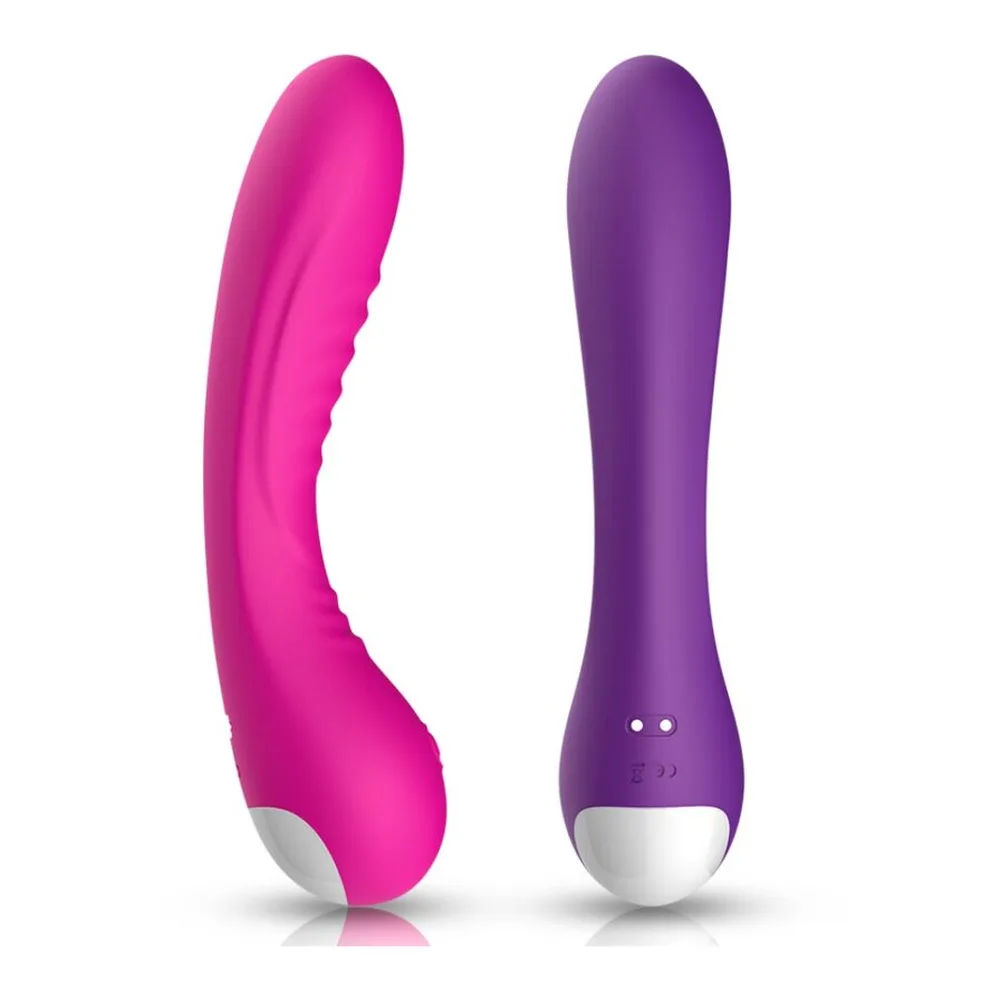 Schéma de dimensions du vibromasseur Legend en silicone rose fuchsia, montrant la vue courbe et la vue droite avec mesures annotées, embout blanc à la base