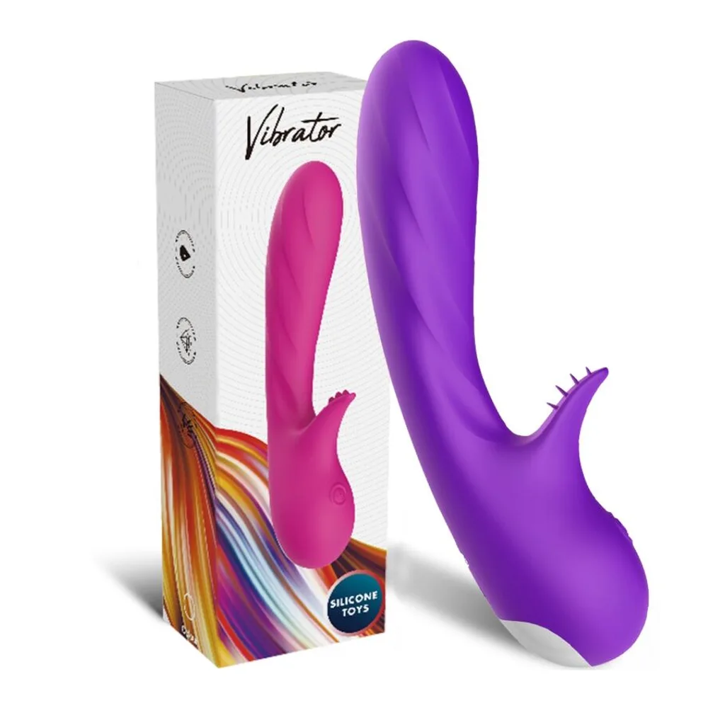 Trois vibrateurs en silicone de formes anatomiques : noir avec stimulateur lapin, rose vif avec design épuré, violet avec stimulateur externe, tous sur fond blanc