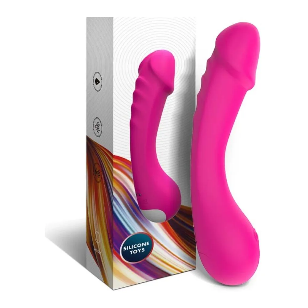 Trois vibromasseurs en silicone : un courbé pourpre à gauche, un droit rose fuchsia au centre avec marquages, et un droit pourpre à droite avec bouton de commande