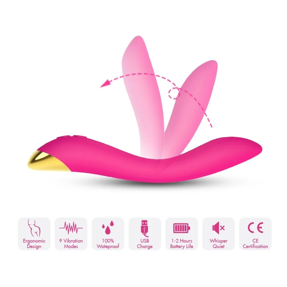 Vibromasseur violet à deux branches souples écartées, embout doré, avec schéma d'articulation en pointillé indiquant la mobilité des branches