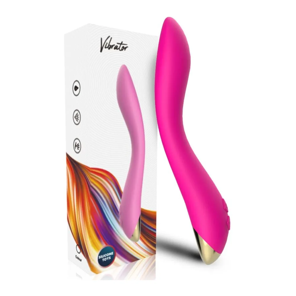 Vibromasseur violet à deux branches souples écartées, embout doré, avec schéma d'articulation en pointillé indiquant la mobilité des branches