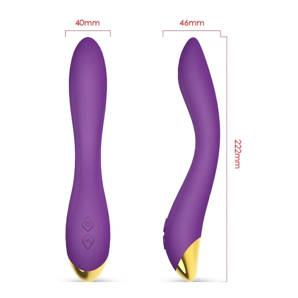 Vibromasseur violet à deux branches souples écartées, embout doré, avec schéma d'articulation en pointillé indiquant la mobilité des branches