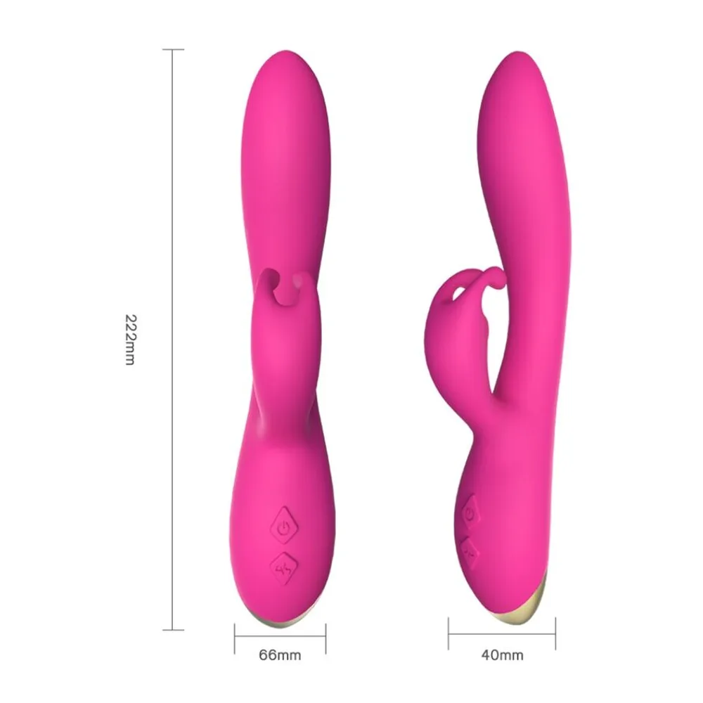 Vibromasseur rabbit rose fuchsia, schéma de dimensions montrant 222mm de longueur, tête bulbeuse et stimulateur clitoridien en forme de lapin, contrôles tactiles en base