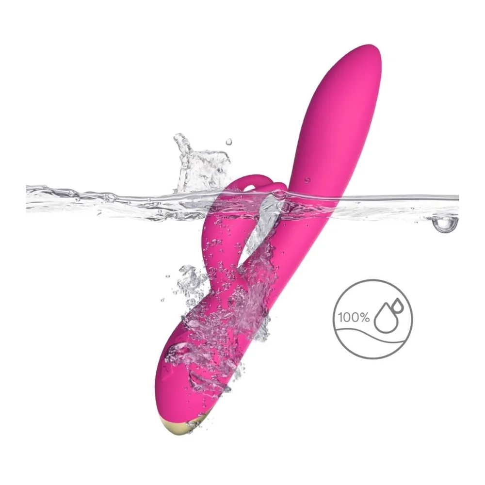 Vibromasseur rabbit rose fuchsia, schéma de dimensions montrant 222mm de longueur, tête bulbeuse et stimulateur clitoridien en forme de lapin, contrôles tactiles en base