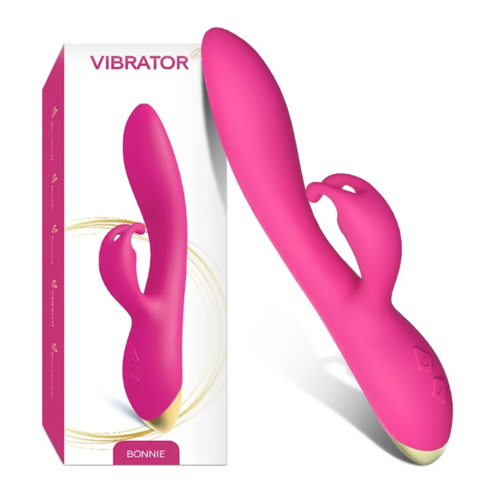 Vibromasseur rabbit rose fuchsia, schéma de dimensions montrant 222mm de longueur, tête bulbeuse et stimulateur clitoridien en forme de lapin, contrôles tactiles en base