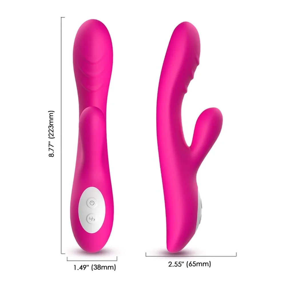 Trois vibromasseurs de formes épaisses : rose fuchsia avec branches latérales et panneau de contrôle gris, rose magenta avec effet lumière jaune au centre et boutons blancs, violet avec branches latérales. Fond blanc.